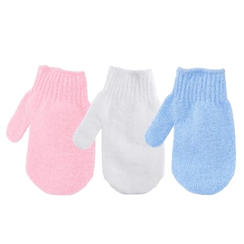 Exfoliating Gloves for Shower, 3Pcs Nylon Bath Scrub Mitts for Women, Body Cleansing Gloves Set，White & Blue & Pink - color: White&blue&pink