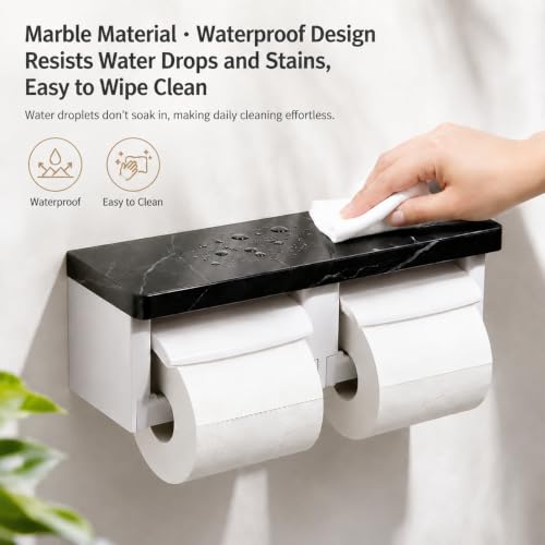 Modern Black Double Marble Toilet Paper Holder, Extra Large Wall Mount Marble Toilet Paper Dispenser with Cover, Dual Bathroom Wall Toilet Paper Roll Holder - color: Marble Black&black, size: Full