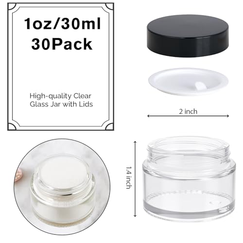 1oz Glass Jar with Lid, Hoa Kinh 30Pack Clear Round Containers Cosmetic Jars with Inner Liners and Black Lids Travel Jars for Storing Lip and Body Scrub, Lotion, Body Butter, Bath Salts, Liquid - color: Clear, size: 1oz-30Pack Clear