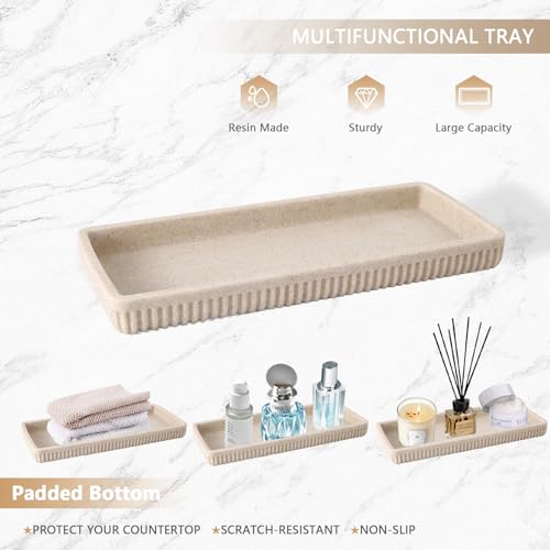 XLHOMO Resin Beige Bathroom Accessories Set 5 Pcs, Lotion Soap Dispenser, Toothbrush Holder, Bathroom Tumbler, Qtip Holder and Vanity Tray, Bathroom Countertop Organizer Set for Modern Home Apartment - color: Beige, size: Resin Bath Set