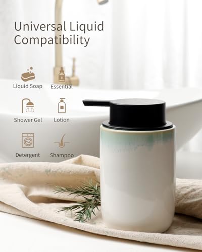 BosilunLife Hand Soap Dispenser - Foam Soap Dispenser Bathroom Ceramic Dish Liquid Soap Dispenser for Kitchen, Bathroom Countertop Soap Dispensers (White with Blue-Green Rim Liquid Pump) - color: White With Blue-green Rim Liquid Pump