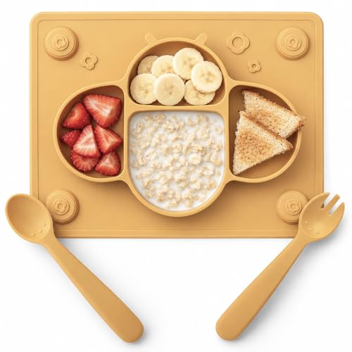 ROCCED Suction Plates for Baby Placemat Spoon Fork Set for Toddlers, Silicone Baby Plates with Suction Baby Dishes for Kids Plates-mustard - color: Mustard