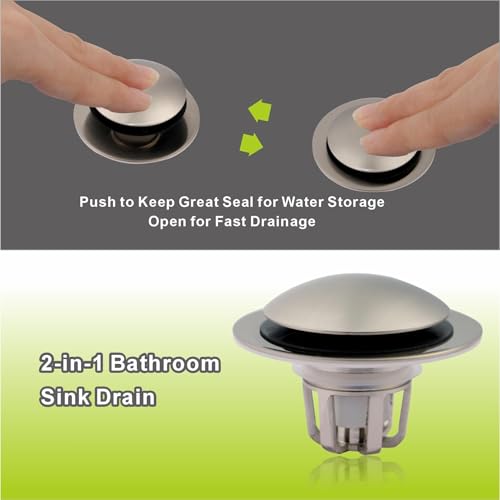 2 Pack Pop Up Sink Drain Stopper,Brushed Nickel Bathroom Sink Stopper with Hair Catcher and Anti-Clog Strainer,Glimflorus Universal 2-in-1 Drain Stopper for 1 1/8"-1 1/2" Drain Holes - color: Brushed Nickel-2