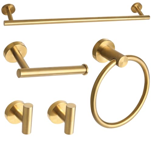 Brushed Gold Bathroom Hardware Accessories Set 5 Piece, Stainless Steel Bath Towel Bar Set 24 Inch,Toilet Paper Holder,Towel Ring Holder,Towel Rack Set,Gold Bathroom Accessories Kit - color: Brushed Gold