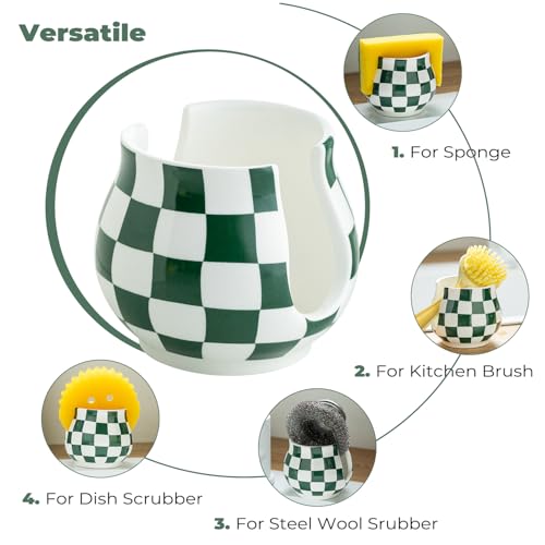 Zoeeker Kitchen Sponge Holder, Ceramic Sponge Organizer Checkered Scrubby Holder Sink Caddy Scrub Dish Rack for Kitchen, Bathroom, Sink, Christmas Decor, Green and White - color: Green and White, size: Barrel-type