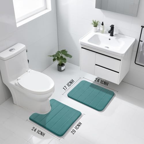Yimobra U-Shaped Toilet Bath Mat Set 2 Piece - Super Soft Absorbent Quick Dry Memory Foam Bathroom Rugs, Machine Washable Non Slip Floor Carpet for Tub Shower & Single Sink (17x24 & 24x20, Teal) - color: Teal, size: 24x17+24x20 Inch