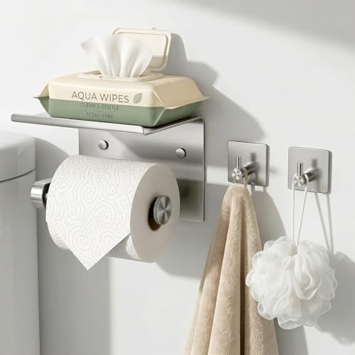 Tindbea Toilet Paper Holder Wall Mount + Towel Robe Hooks, Adhesive or Screw Wall Mounted Toilet Paper Roll Holder with Shelf, Stainless Steel Bathroom Organizers and Storage Kit (Brushed Nickel) - color: Brushed Nickel, size: Regular