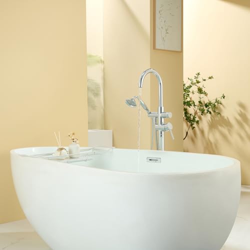 Wowkk Tub Filler Freestanding Bathtub Faucet Chrome Floor Mounted Brass Bathroom Tub Faucets with Hand Shower - color: Chrome