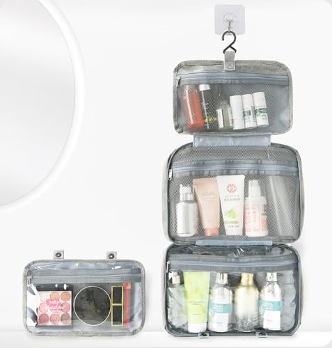 Travel Makeup Bag, Large Capacity Women's Makeup Bag, Waterproof Portable Four-Fold Travel Storage Box, Layered Mesh Toiletries Bag, Suitable for Daily Use, Business Travel, Tourism, etc. (Grey)