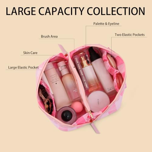 DYSHAYEN Stripe Travel Makeup Bag with Compartments Clear Coated Cosmetic Bag for Women, Waterproof Portable Open Flat Toiletry bag （Pink-Hot Pink） - color: Pink-Hot Pink