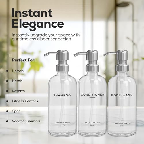 Clear Shampoo and Conditioner Dispenser Set by Brighter Barns - Refillable Plastic Shower Dispenser Set - Minimalist Shampoo Bottles & Stainless Steel Pump for Neutral Bathroom, Hotel (Clear/Silver) - color: Clear Silver