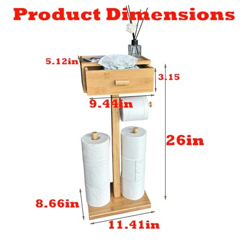 Freestanding Bathroom Toilet Paper Holder Stand with Shelf, Bamboo Toilet Paper Roll Holder with Wet Wipes Storage Drawer(Natural) - color: Natural