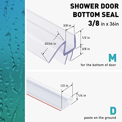 Shower Door Bottom Seal, 4 PCS 3/8" x 36" Shower Door Sweep for 3/8 Inch Glass, Frameless Glass Shower Door Seal Strip, Stop Shower Leaks and Create a Water Barrier - size: For 3/8" Glass-4 PCS