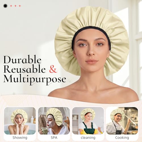 Extra Large Shower Cap for Women, Reusable Waterproof Shower Bonnet with Satin Lining, Double Layer Washable Bath Hair Cap for Braids, Locs, Long Thick Curly Hair, Natural Hair(Big Champagne) - color: Champagne