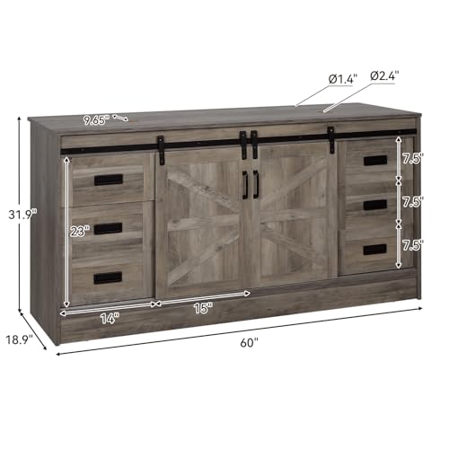 60" Barn Door Bathroom Vanity with 6 Drawers and Two Doors, Farmhouse Style Standing Pedestal Cabinet with Two Blue Boat Glass Vessel Sinks - color: Blue Boat Glass Sink, size: 60"