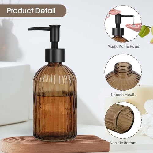 Topsky 2 Pack Glass Soap Dispenser with Black Plastic Pump, 400ml Liquid Hand Soap Dispenser, Rustproof Pump for Kitchen & Bathroom, Great for Lotions, Essential Oil, Liquid Soaps-Amber - color: Stripe-amber, size: Plastic Pump