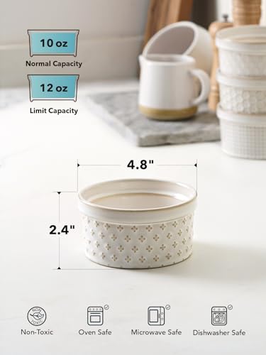 LE TAUCI Ramekins 12 oz, Ramiken for Creme Brulee, Souffle, Dipping Sauce, Ceramic Embossment Housewaming Present -4.8 inch, Set of 4, Arctic White - color: Arctic White, size: 12 oz
