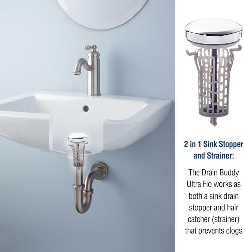 Drain Buddy Ultra Flo- 2 in 1 Bathroom Sink Stopper & Hair Catcher W/Patented Pull Clean Technology! | Fits 1.25” Sink Drains, Clog Preventing | Chrome Plastic Cap - color: Chrome - Plastic Cap