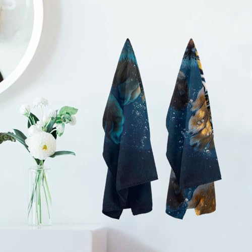 Lion Tiger Hand Towels, Blue Painting Blue Wave Decorative Fingertip Face Towels Soft Absorbent Dish Towel for Kitchen Bathroom Gym Spa - color: Lion Tiger