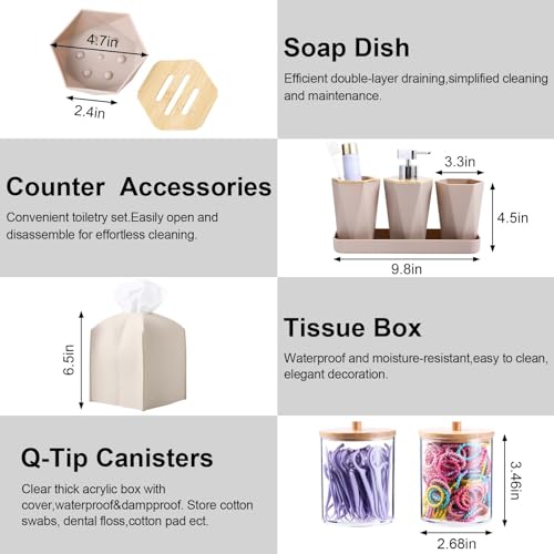 Beige Bathroom Accessories Set, 10 Pieces Bamboo Bathroom Set with Trash Can, Tray, Soap Dispenser, Soap Dish, Toothbrush Holder, Toothbrush Cup, Tissue Holder, Toilet Brush and Qtip Holders - color: Beige