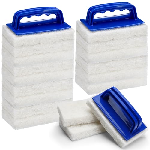 Maxdot 18 Pcs Handled Bath Scrubber Set, 15 Bathroom Scouring Pad 3 Bathtub Scrubber with Handle Non Scratch Soap Scum Remover for Cleaning Sink Shower Tile Swimming Pool Step Corner(Blue and White) - color: Blue and White