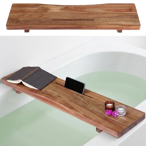 Premium Acacia Wood Bathtub Tray Caddy with Adjustable Legs, Minimalistic Design Bath Tray for Tub, Bathtub Accessories, Fit Standard and Against Wall Bath Tubs, Gift Idea for Women - color: Acacia-brown, size: 29.5"×9"×2"