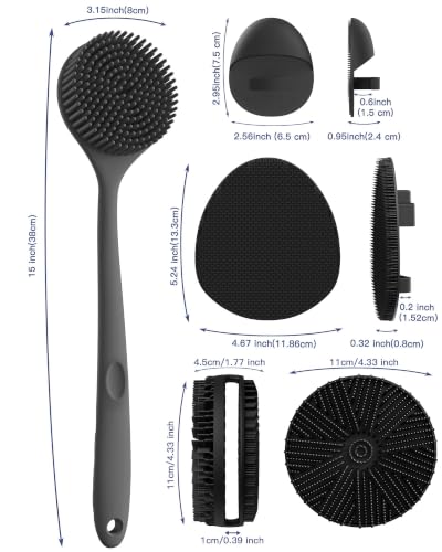 Manmihealth Silicone Back Scrubber & Soft Bath Glove Set 4 PCS(Thick Bristles), Super-Exfoliating Body Scrubber & Super-Lathering Shower Brush Combination, with 2 Adhesive Hooks (Black) - color: Black, size: Thick Bristles Set