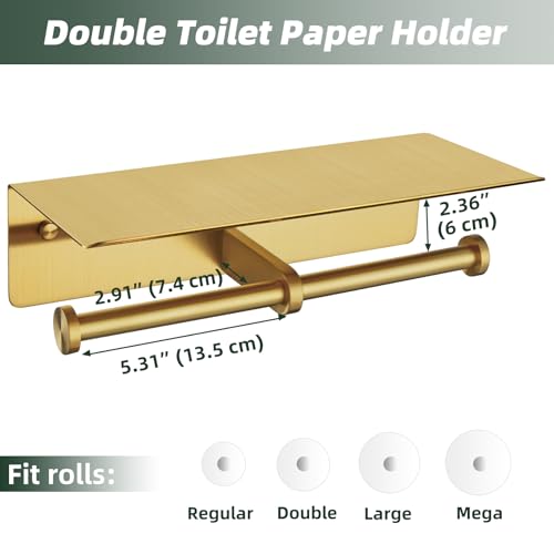 APLusee Brushed Gold Double Toilet Paper Holder with Shelf, Heavy Duty 304 Stainless Steel Tissue Roll Holder, Commercial Paper Dispenser Wall Mounted - color: Brushed Gold, size: Double Rod