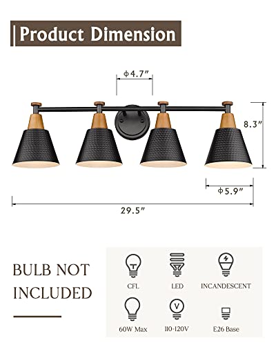 FEMILA Bathroom Vanity Light, 4-Lights Bathroom Light Fixtures Over Mirror, Modern Wall Mounted Lamp, Hammered Metal Shade, 4FG59B-4W BK - color: Matte Black, size: 30"