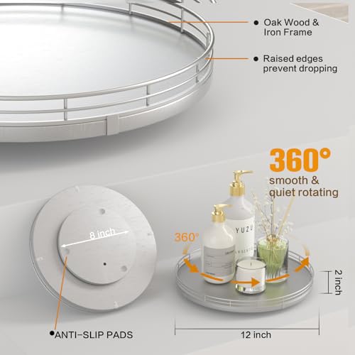 12" Silver Lazy Susan for Table Top, Oak Wood Lazy Susan Turntable Organizer for Dining Coffee Table Centerpiece Bar Decor Kitchen Countertop Bathroom Vanity Decorative Tray for Perfume Jewelry Round - color: Silver, size: 12