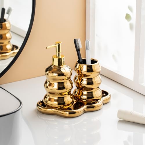 Gold Bathroom Accessory Set, 3-Piece Gold Ceramic Bath Accessories Set with Tray, Lotion Dispenser, and Tumbler for Luxurious Bathroom Decor - color: Gold