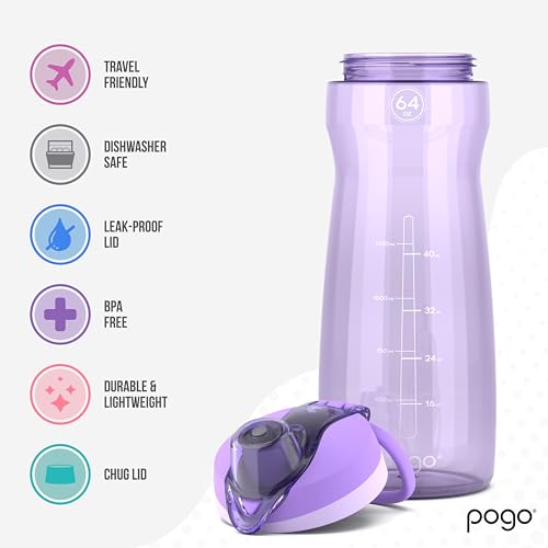 Pogo 64oz Plastic Water Bottle with Leak-Proof Chug Lid and Carry Handle, Reusable, BPA Free, Capacity Markings, Dishwasher Safe, Perfect for Travel, School, Outdoors, and Gym, Lilac - color: Lilac, size: 64 Ounces