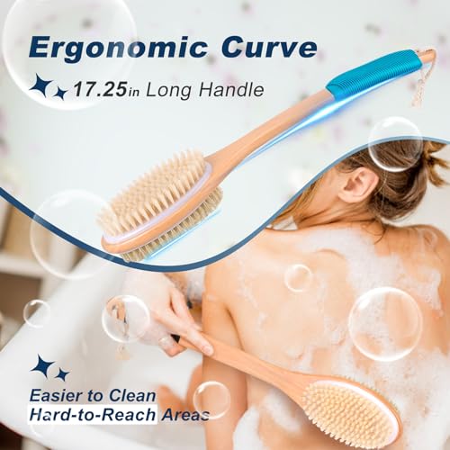 Long Handle Ergonomically Back Scrubber/Brush for Shower, Double Sided Exfoliating Body Scrubber for Women and Men (Blue) - color: Blue