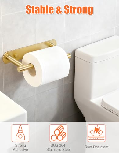 YUET Toilet Roll Holder, Self Adhesive or Screw in Wall Mounted Options, Double Post Pivoting Tissue Roll Holder, Stainless Steel Rustproof Stick On No Drilling Wall Mount for Bathroom, Brushed Gold - color: Gold-pivoting