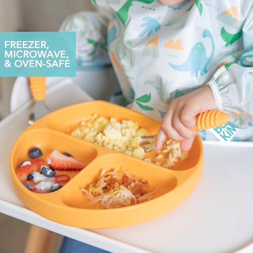 Bumkins Toddler and Baby Suction Plate, Silicone Divided Grip Dish, Babies and Kids, Baby Led Weaning, Children Feeding Supplies, Non Skid Sticky Bottom, Platinum Silicone, 6 Months Up, Tangerine - color: B8 Tangerine-GD