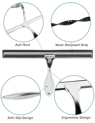 All-Purpose Stainless Steel Shower Squeegee Come with S Hook, 2 Square Sticky Hook 2 Rubber Strips Shower Squeegee for Glass Doors, Windows, Mirrors, Tiles and Car Glass -12 Inches Silver - size: 12"Wx 7.09"H