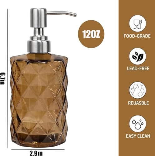 12Oz Brown Soap Dispenser Bathroom - 2 Pack, Clear Glass Hand Soap Dispensers with Stainless Steel Pump, Refillable Dish Soap Dispenser for Kitchen, Countertop Soap Dispensers - color: Diamond Brown（2-pack）