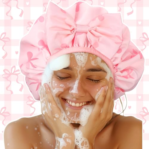 ramede Large Satin Lined Shower Cap for Women Reusable Waterproof Double Layer Bath Cap with Cute Pink Bow Large Washable Bath Caps with Soft Elastic Band Protect Long Hair Braids Locs - style: Pink Bow