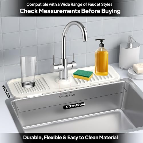 17 Inch Silicone Faucet Mat for Kitchen Sink Splash Guard & Draining Tray Sink Protector with Soap & Sponge Holder White (Purest Peak) - color: White, style: 17.7 Inch