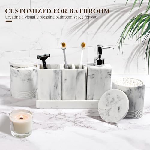 YMXYJM Bathroom Accessories Set, 6 Piece Bathroom Set with Toothbrush Holders, Soap Dispenser, Vanity Tray, Tumbler, Cotton Swab Jars, Bathroom Organizer，Bathroom Sink Sets, Artificial Marble White - color: White