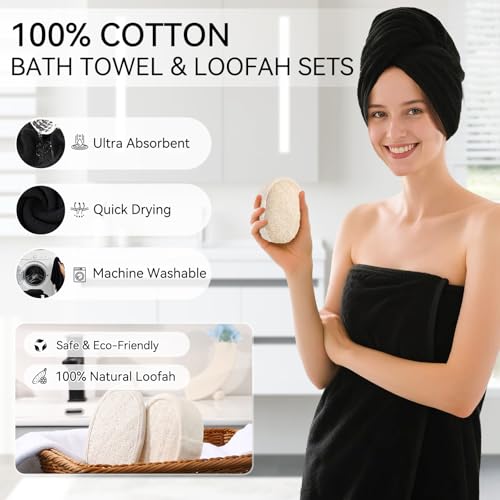 Black Bathroom Set,Black Bathroom Accessories Set with Shower Curtain and Rugs, Bath Towel Set, Natural Loofah Sponge, Soap Dispenser, Toothbrush Holder, Bathroom Tumbler and Tray for Bathroom - size: Bath Set+Shower Curtain+Rugs+Towel Set+2PCS Loofah, st