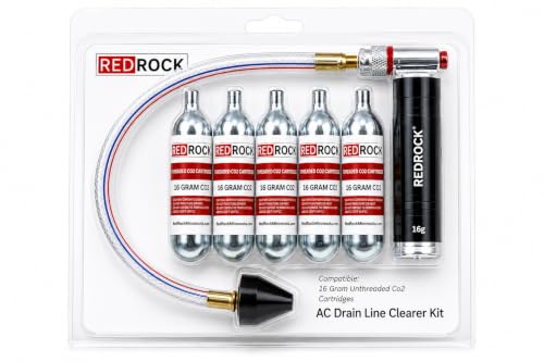 RedRock Gallo Drain Gun AC Drain Line Cleaner Tool, HVAC Air Conditioner Condensate Blaster Cleaning Kit with Flexible Hose Pipe, Includes 5 Unthreaded CO2 Cartridges - color: Red