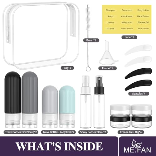 ME.FAN Travel Bottles for Toiletries,18 Pack Silicone Portable Size Bottle, TSA Approved Refillable Cosmetic Container Kits for Conditioner, Shampoo, Lotion,Face Cream - Grey - color: Grey