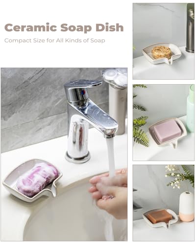 Soap Dishes, Ceramic Shower Soap Dish with Waterfall Design Bar Soap Holder Self Draining Soap Saver for Shower, Bathroom, Sink, Kitchen and Countertop, Beige White - color: Beige White, size: Rectangular