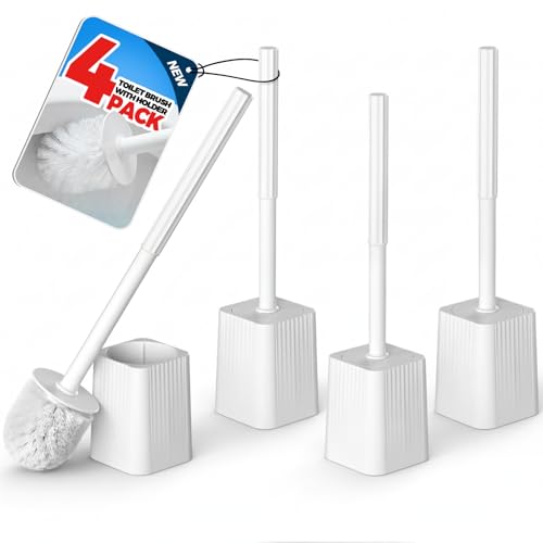 FORASTO 4Pack Toilet Bowl Brush and Holder Set - Toilet Scrubber Brush,Cleaning Brush,Bathroom Decor,Household Essentials,Cleaning Supplies,Home Essentials,White | Plastic & Bristles, 4-Pack Brush Combo, Drip-Free Holder, Bathroom Corner Storage, White To