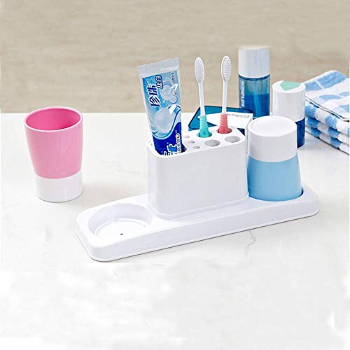 Bathroom Toothbrush Toothpaste Stand Organizer Plastic Storage Rack Set (2 Cups) (Blue+Pink) - color: Blue+pink