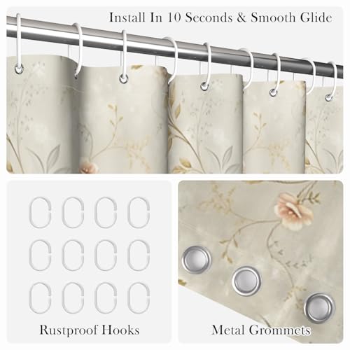 Vintage Floral Shower Curtain 71x74 Inch - Soft Pink Rose & Brown Leaf Printed Bathroom Curtain with Rust-Proof Hooks, Waterproof Fabric Bath Curtain for Classic Romantic Home Decor - color: Floral-d