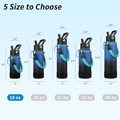 BJPKPK Water Bottle with Straw Lid, 18oz Insulated Water Bottles with 3 Lids, Paracord Handle & Non-slip Boot, Metal Stainless Steel Thermal Flasks, BPA Free Leak Proof Tumblers,Blue Black - color: Blue/Black, size: 18 Ounces