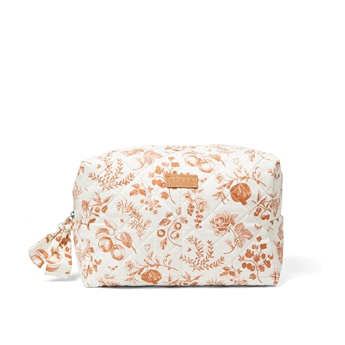Staya Quilted Makeup Bag for Women – Cotton Travel Cosmetic & Toiletry Pouch, Small Aesthetic Organizer for Purse & Carry-On (Peaches) - color: Peaches