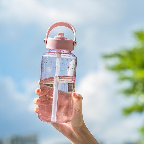 OLDLEY 32oz Water Bottle with Straw, Leakproof Tritan Clear Bottle with Marked Bottle and Carry Handle, BPA-Free Wide Mouth Reusable Sports Water Bottle for Gym,Hiking,Camping,Travel,Workout,Pink - color: Pink